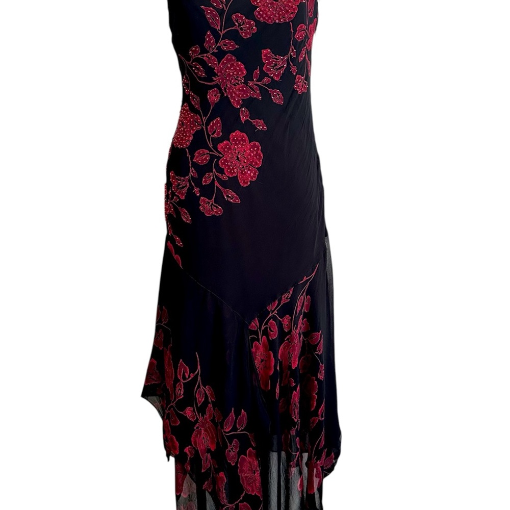 Vintage Eva Blue Bias Cut Dress Dark Fairy Black With Red Roses Beaded Medium - Picture 2 of 10